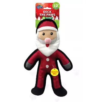 Christmas Plush dog play toy, "Deck The Paws" Santa with durable squeaker inside - 12 -inch Festive Dog Toy.
