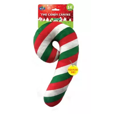 Christmas Plush dog play toy,The Candy Canine with squeaker inside - 14-inch Festive Dog Toy.