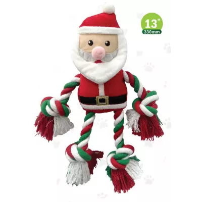 Christmas Plush dog play toy, The Santa's Yelper - with Pull Me and I Rope function and Squeaker belly - Festive Dog Toy 13 Inch.