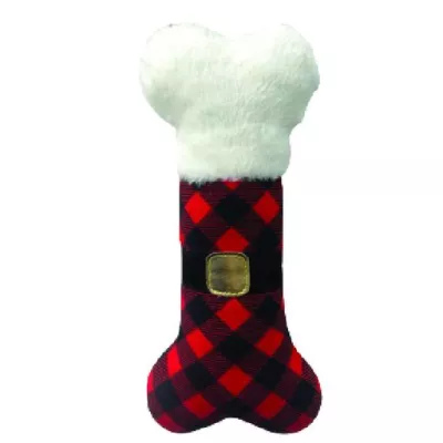 Christmas Plush dog play toy, The Snow Bone - with festive print and a squeaker - Festive Dog Toy 12 Inch.