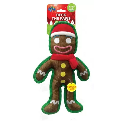 Christmas Plush Gingerman dog play toy, "Deck The Paws" with durable squeaker inside - 12 -inch Festive Dog Toy.