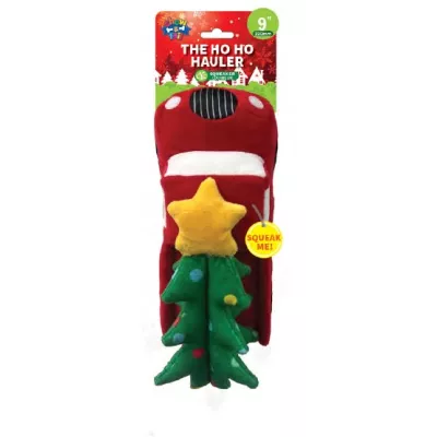 Christmas Plush dog play toy, The Ho-Ho Hauler - with durable Squeaker and Christmas tree - Festive Dog Toy 9 Inch.